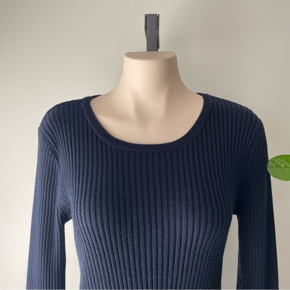 Calvin Klein Ribbed Long Sleeve Midi Sweater Knit Dress Drop Waist Navy Blue - Picture 6 of 7